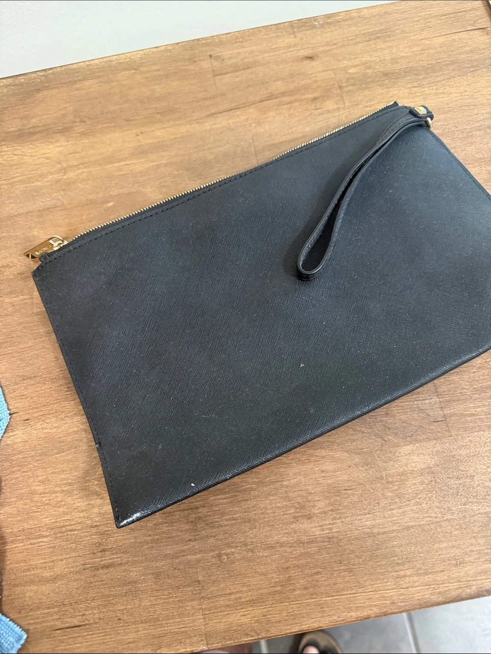 Michael Kors Black Leather Studded Wristlet Pouch with Gold Accents
